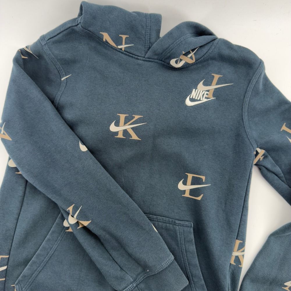 Nike‎ Kids Teal Blue All Over Print Swoosh Logo Fleece Pullover Hoodie Size M